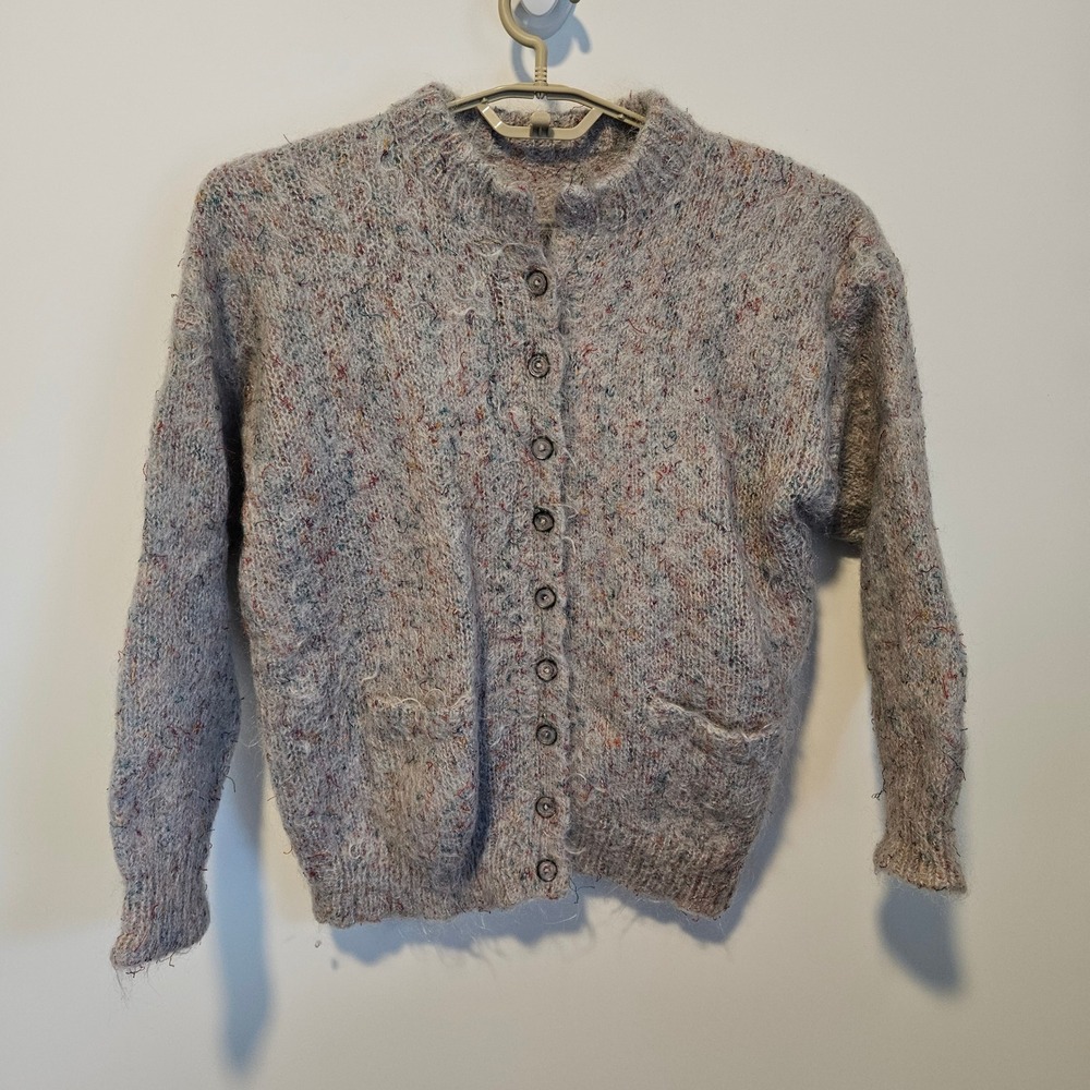 Fuzzy Confetti Knit Cardigan Sweater Medium Gray Multi Color Rainbow Warm Cozy